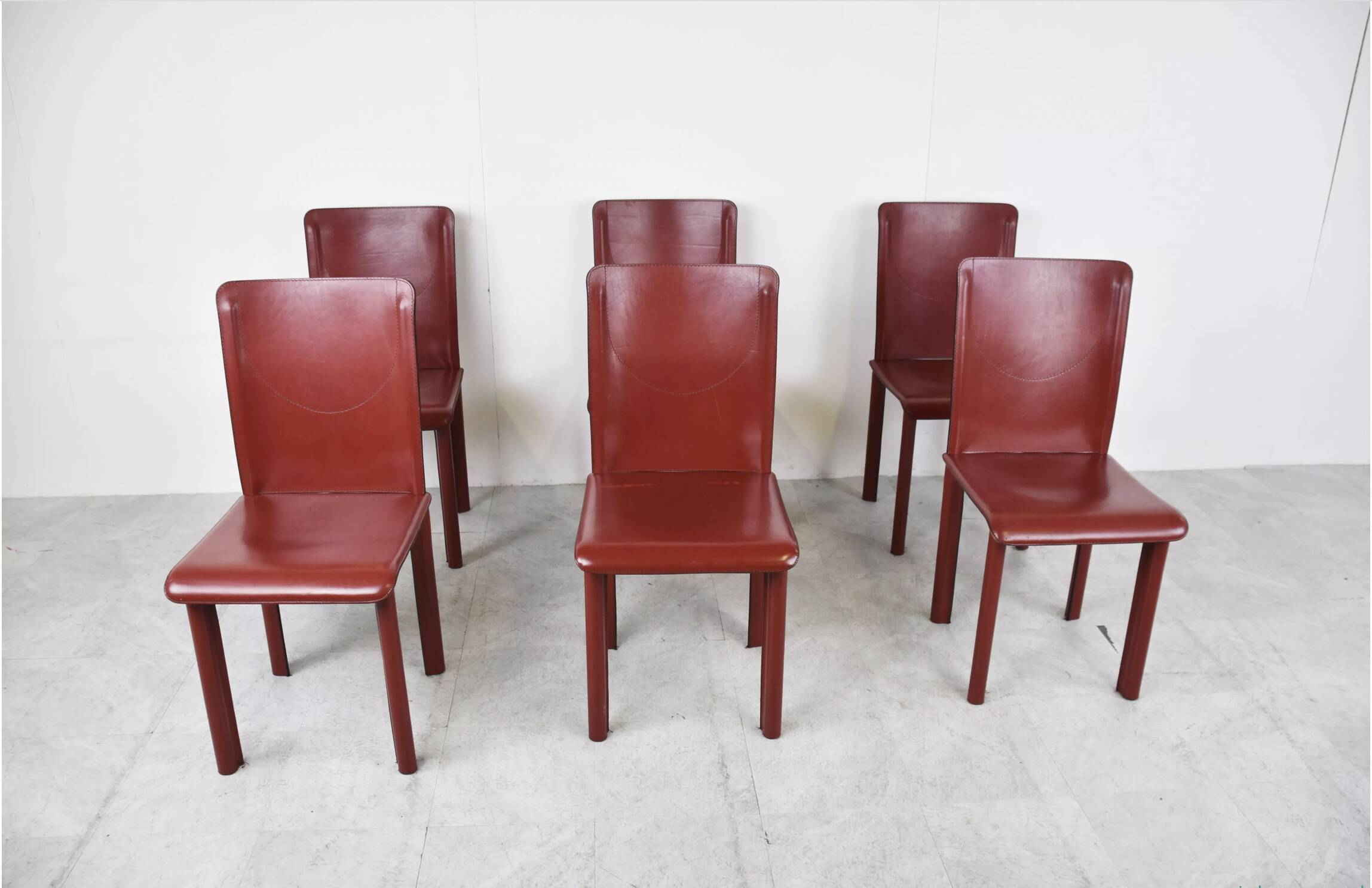 6 red leather dining chairs made in Italy, 1980s