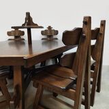Spanish design vintage brutalist oak dining set chairs & table