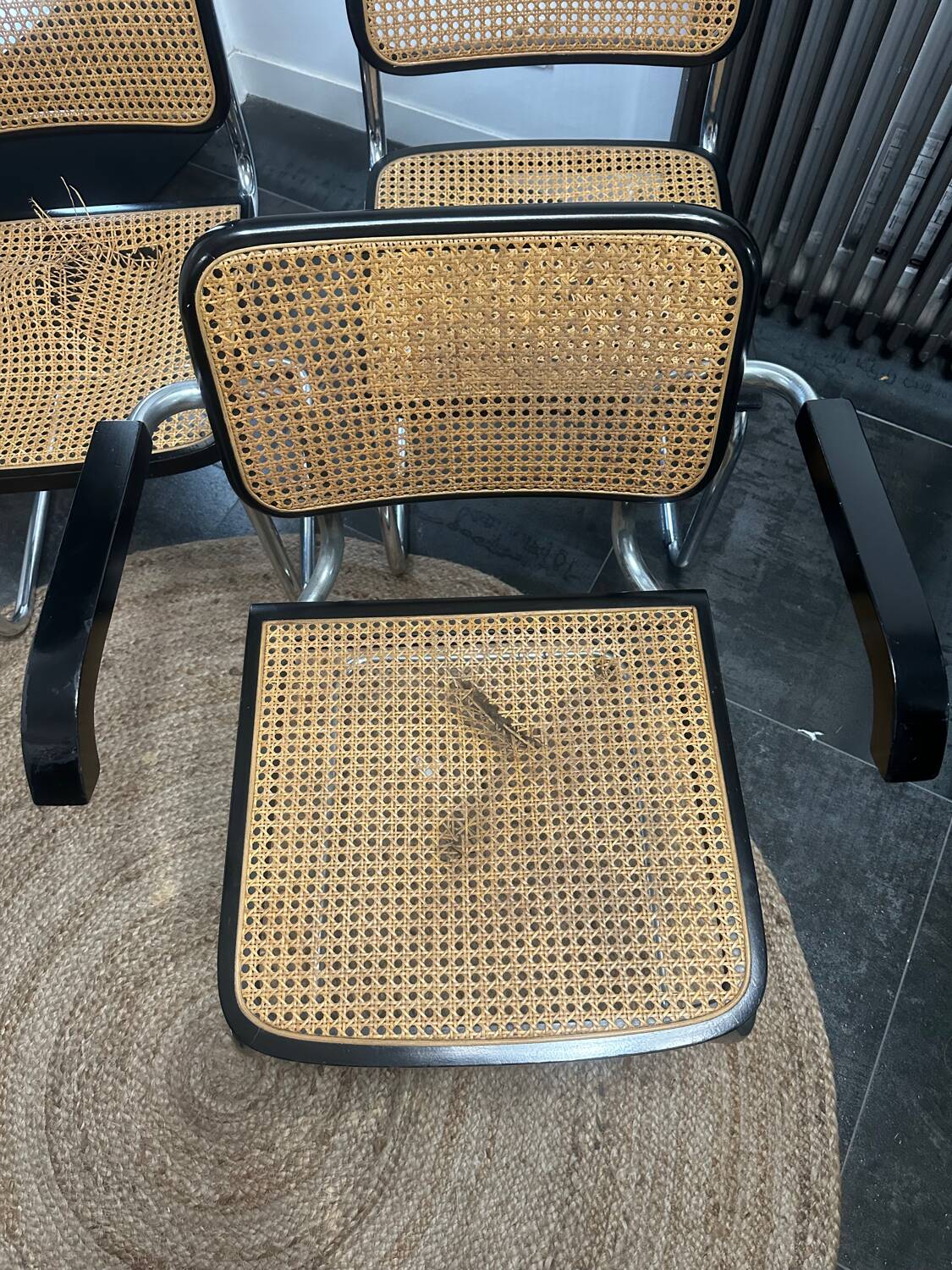 Lot of 1 armchair and 2 Cesca B32 chairs, Thonet edition, seats need reupholstering