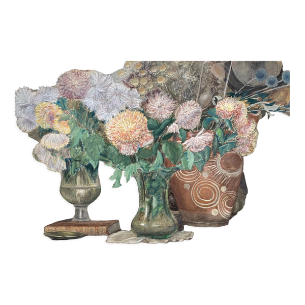 Tableau René Karbowsky (1883-?) composition aux fleurs pastel sur papier