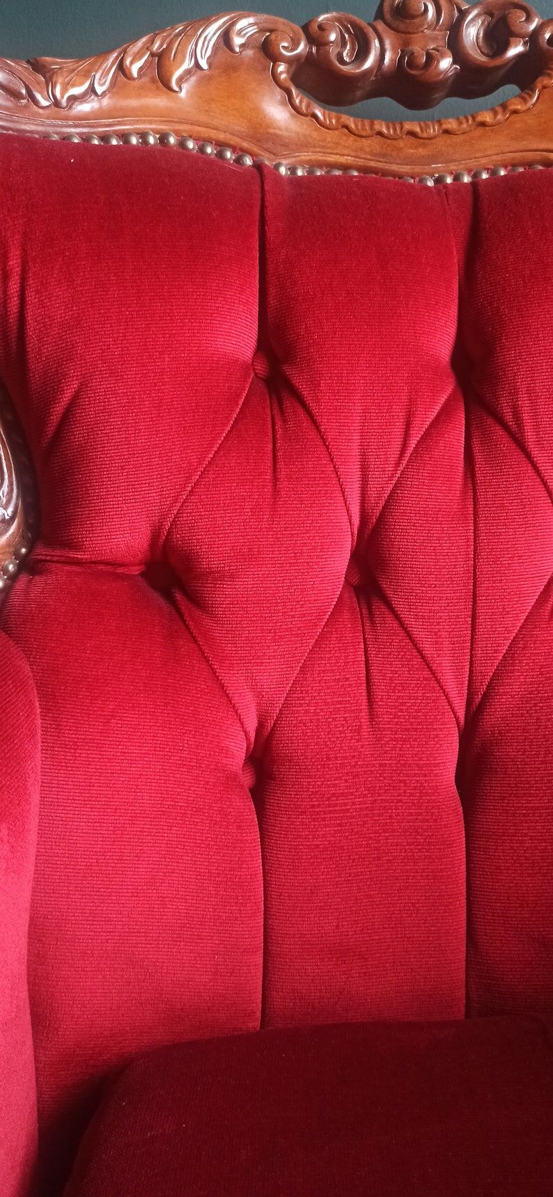 Wooden armchair carved baroque style in burgundy red velvet