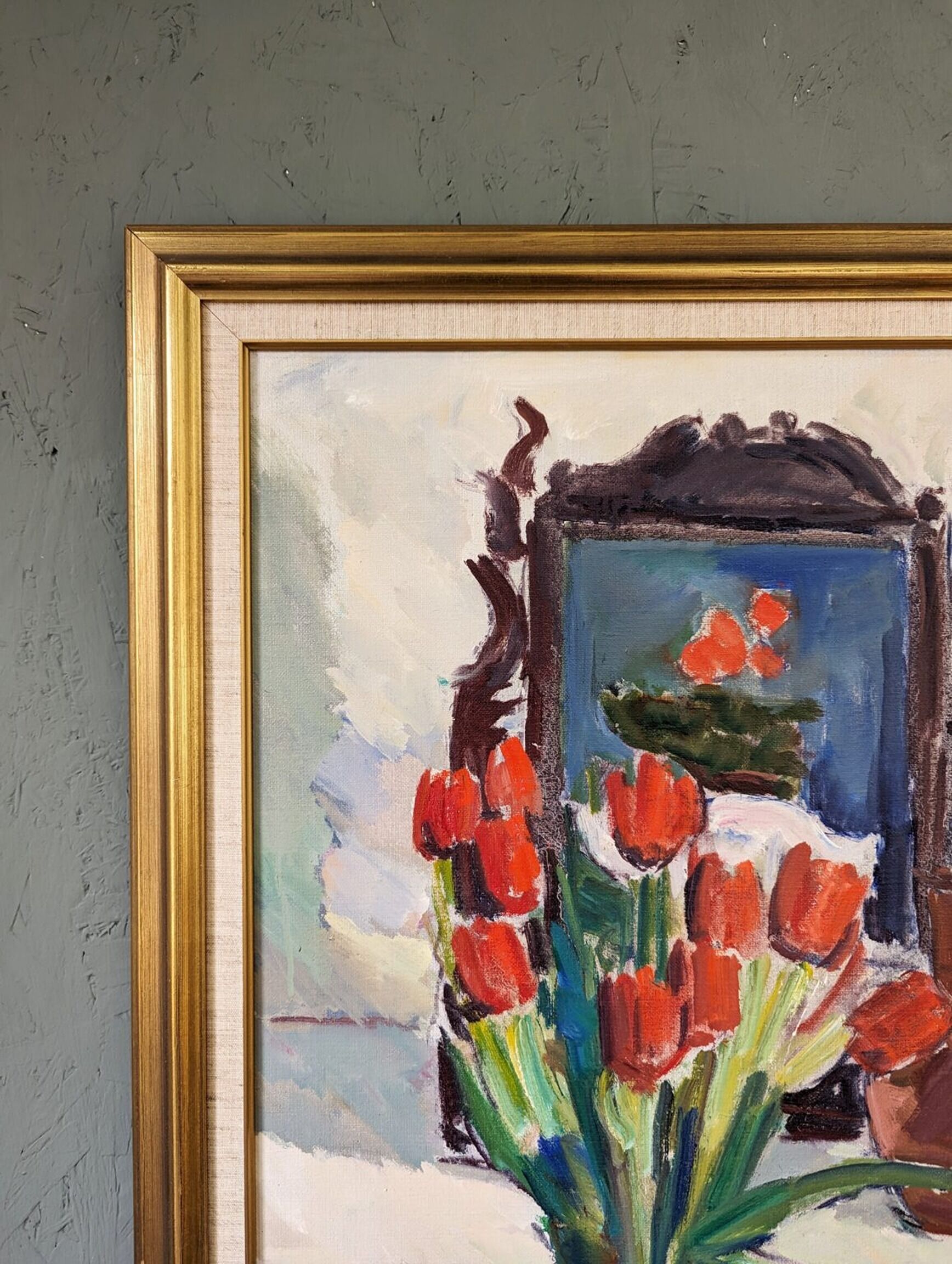Mid-Century Modern "Window Red Tulips", Swedish Interior Still Life Oil Painting, Framed