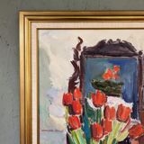 Mid-Century Modern "Window Red Tulips", Swedish Interior Still Life Oil Painting, Framed