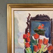 Mid-Century Modern "Window Red Tulips", Swedish Interior Still Life Oil Painting, Framed