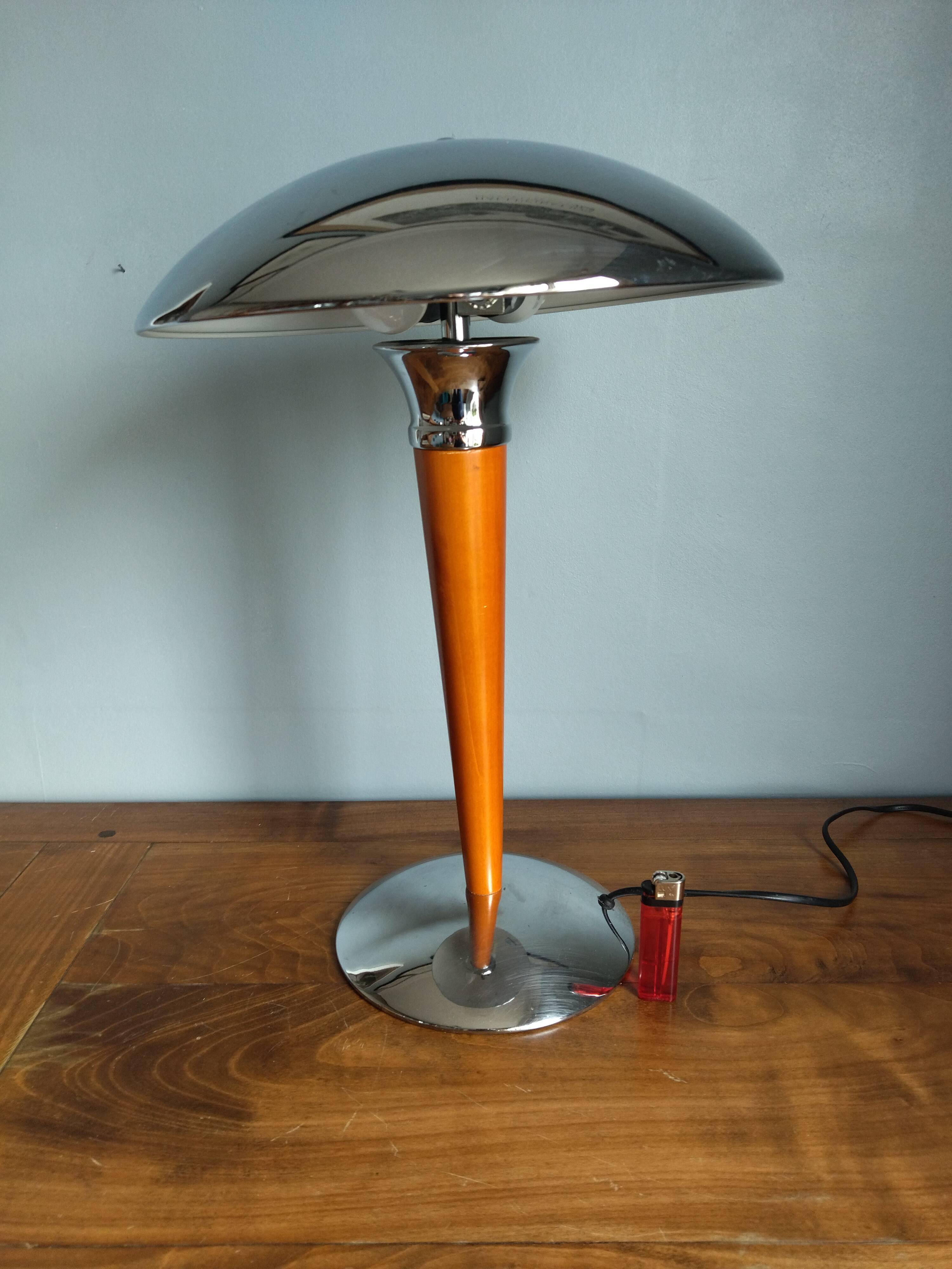 Mushroom lamp/ocean liner in chromed metal and vintage wood