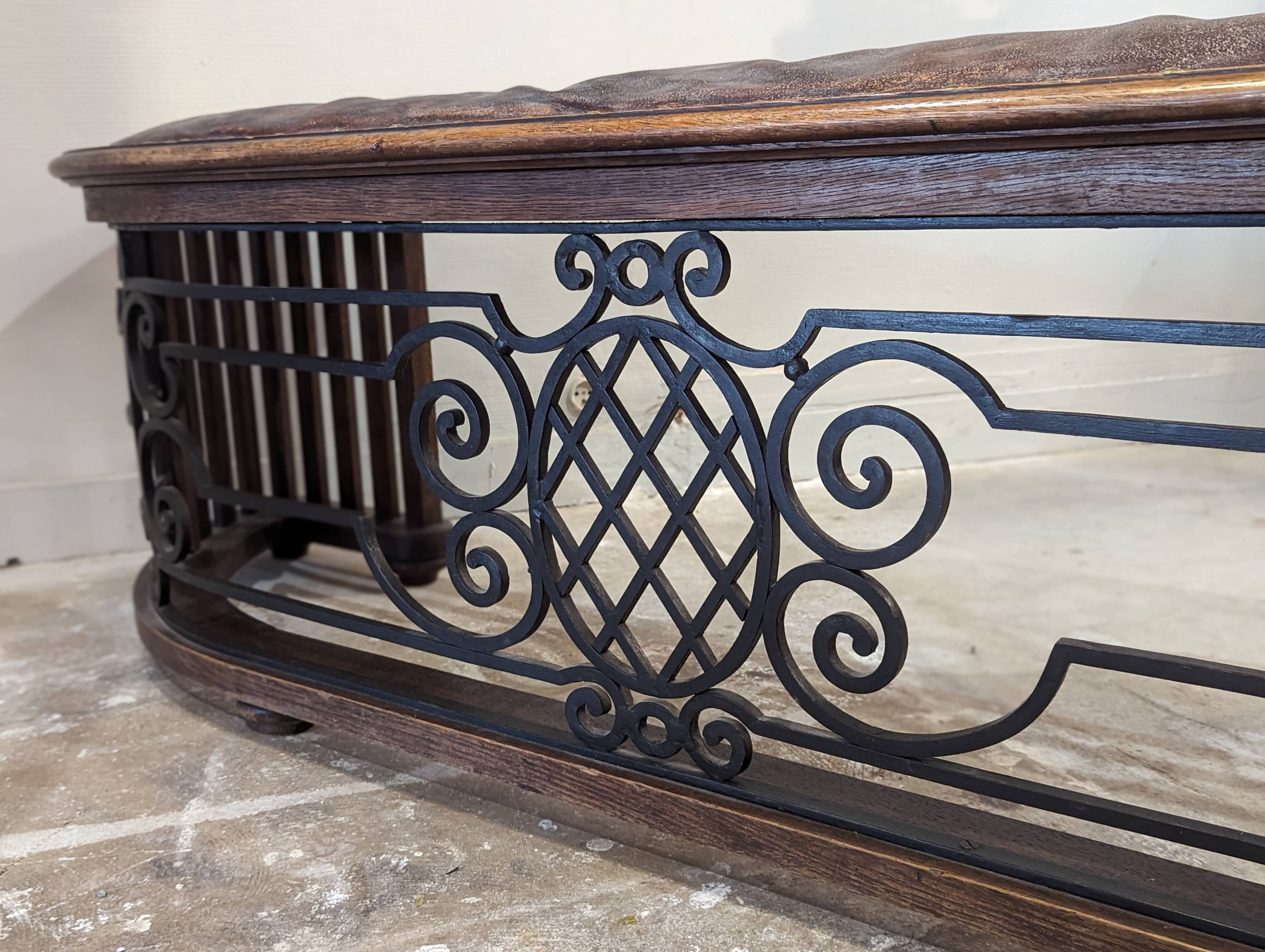 Old fireplace bench, wrought iron leather and oak