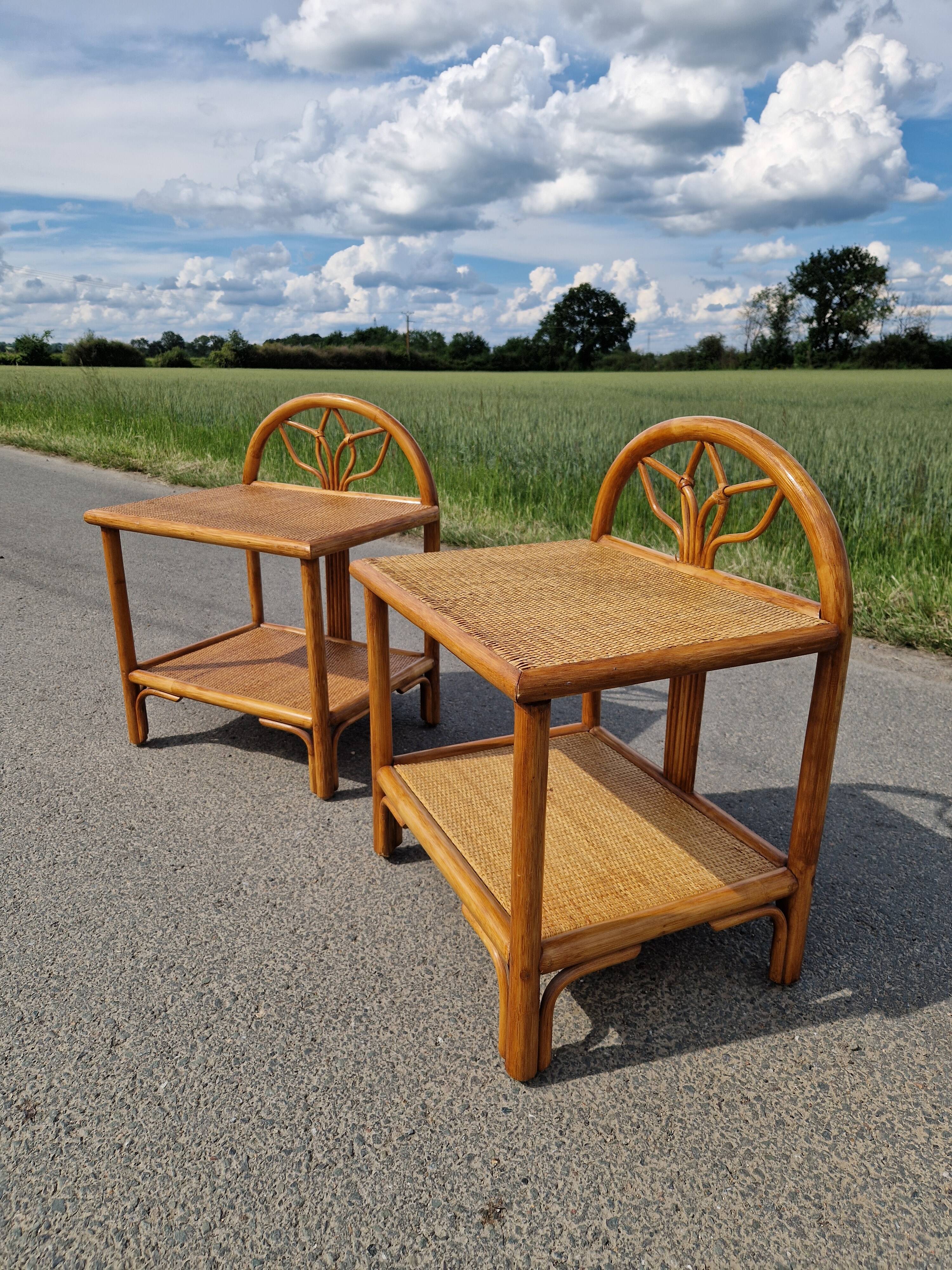 Pair of bedside tables in wood and woven straw - around 1960.