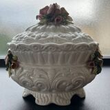 Capodimonte-style porcelain lidded sugar bowl with floral relief