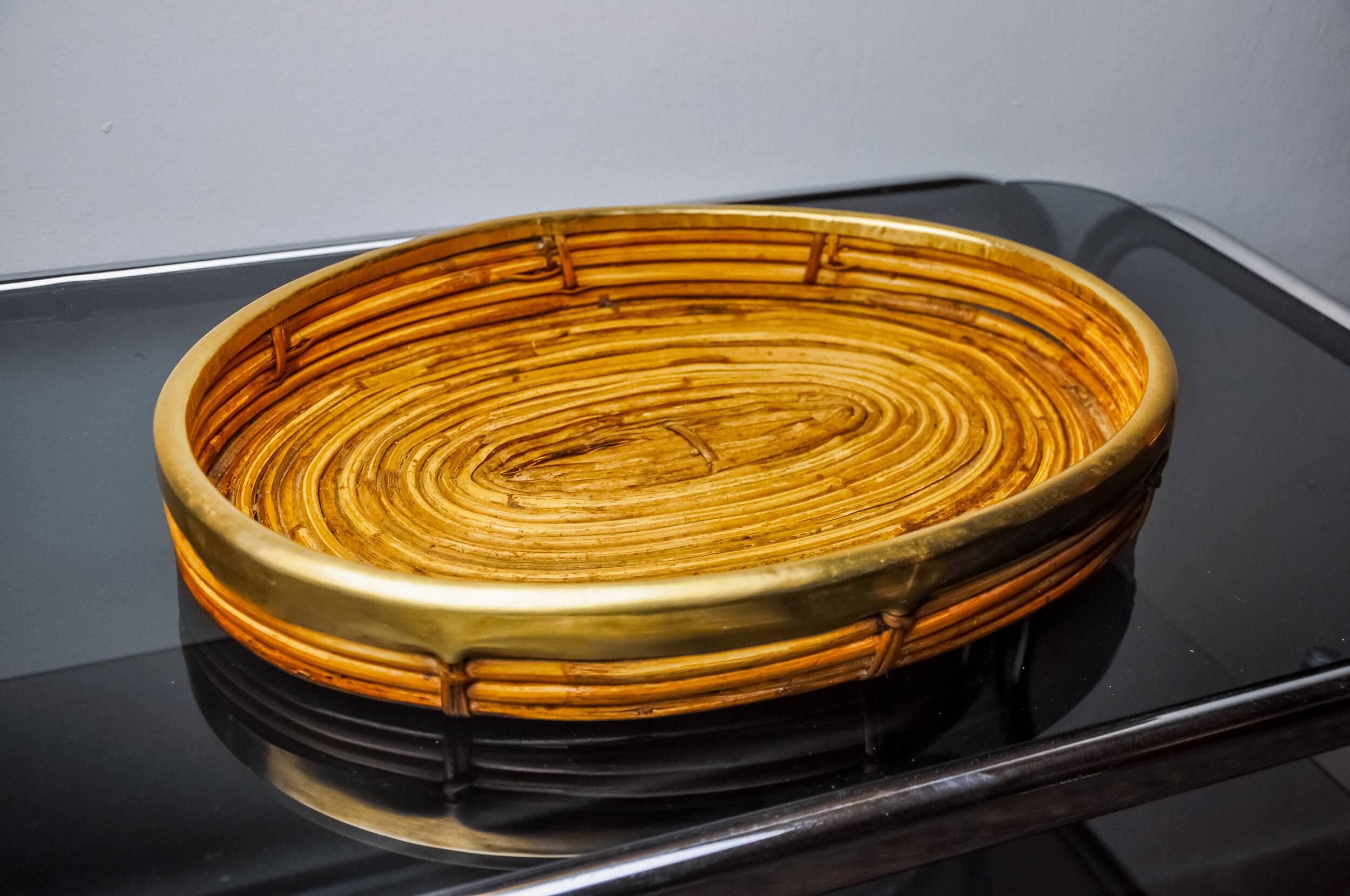 Rattan and brass tray, Italy, 1970
