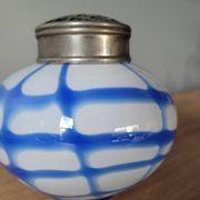 Ancien vase pique fleurs en verre blanc et bleu
