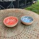 Two bowls, enameled ceramic cups, red and blue, artisanal, hand painted made in Italy