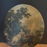 Oval wooden frame with 18th century pattern print