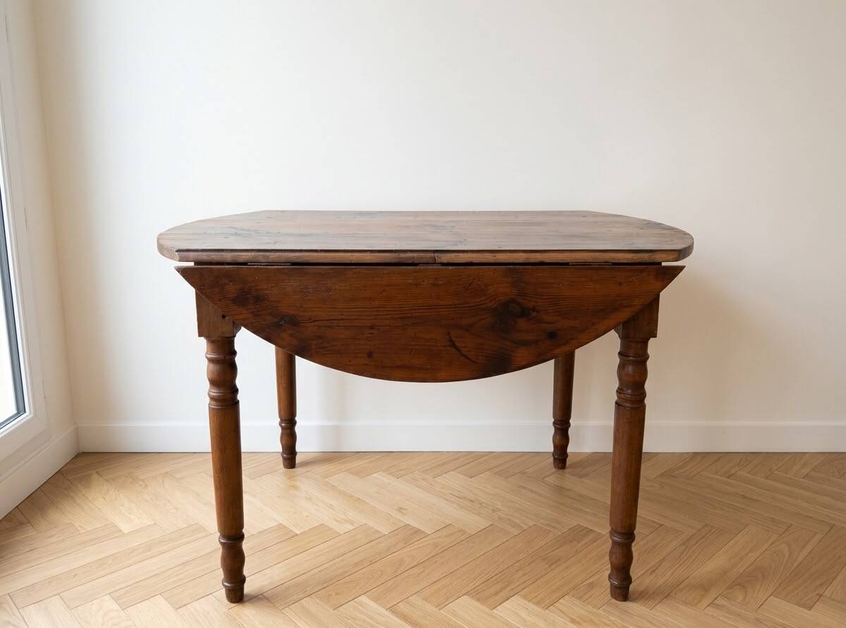 Antique dining table with drop leaves, wood.