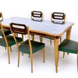 Vintage Beech and Maple Dining Table with a Patterned Blue Glass Top, Italy