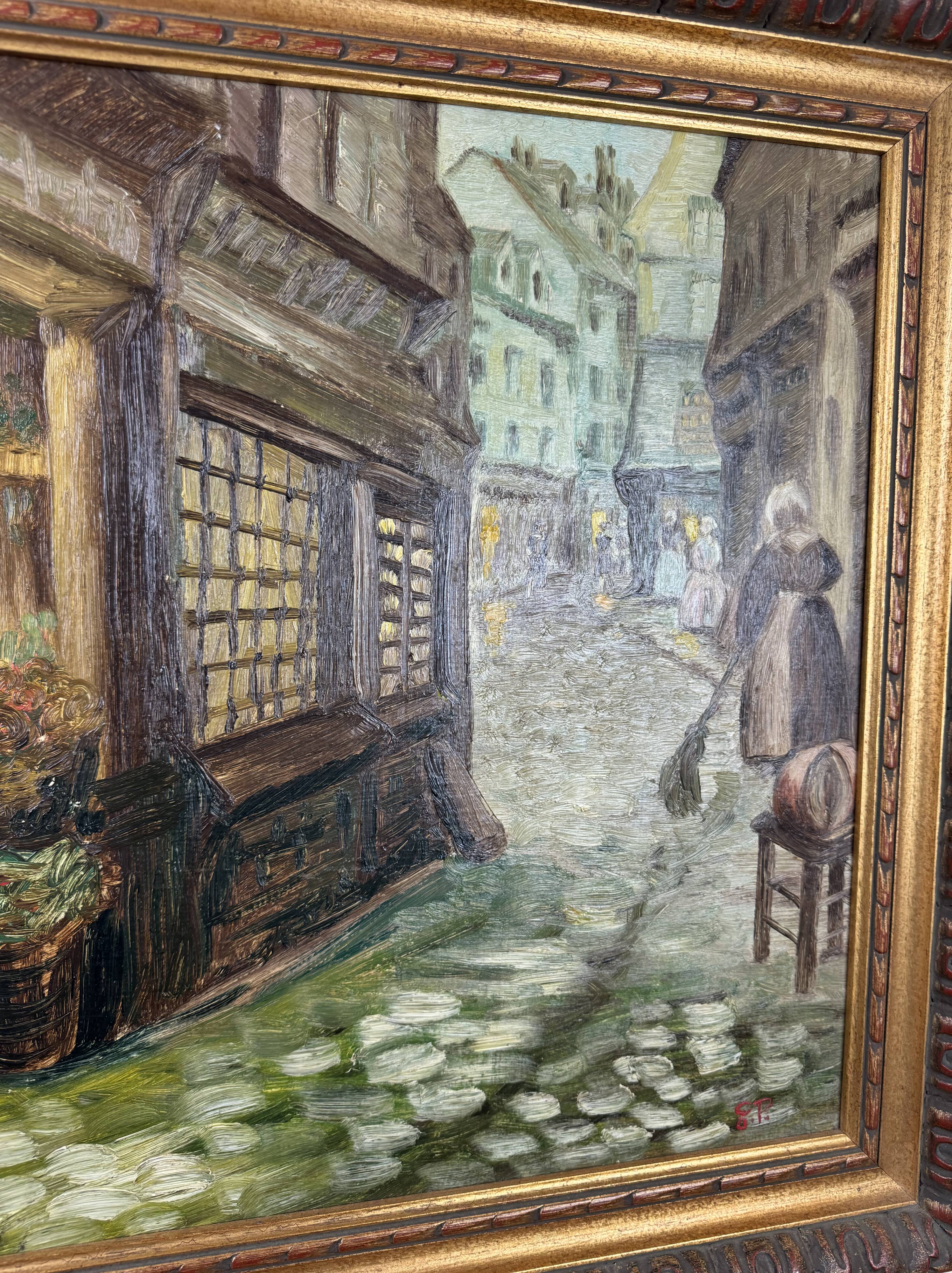 French School, early 20th century: oil on panel, lively street in Brittany