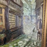 French School, early 20th century: oil on panel, lively street in Brittany