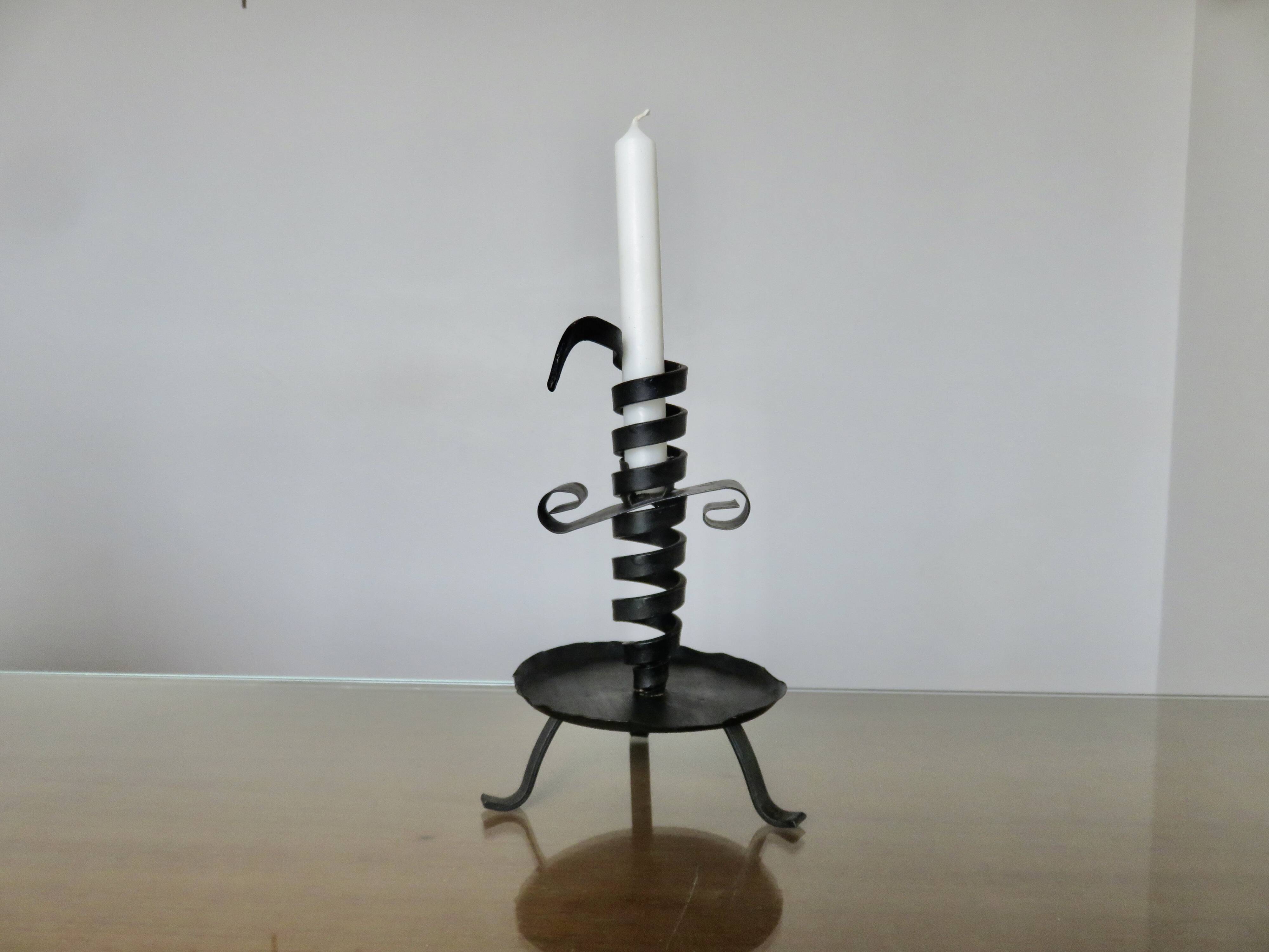 Medieval candlestick, blackened wrought and hammered iron, very good condition