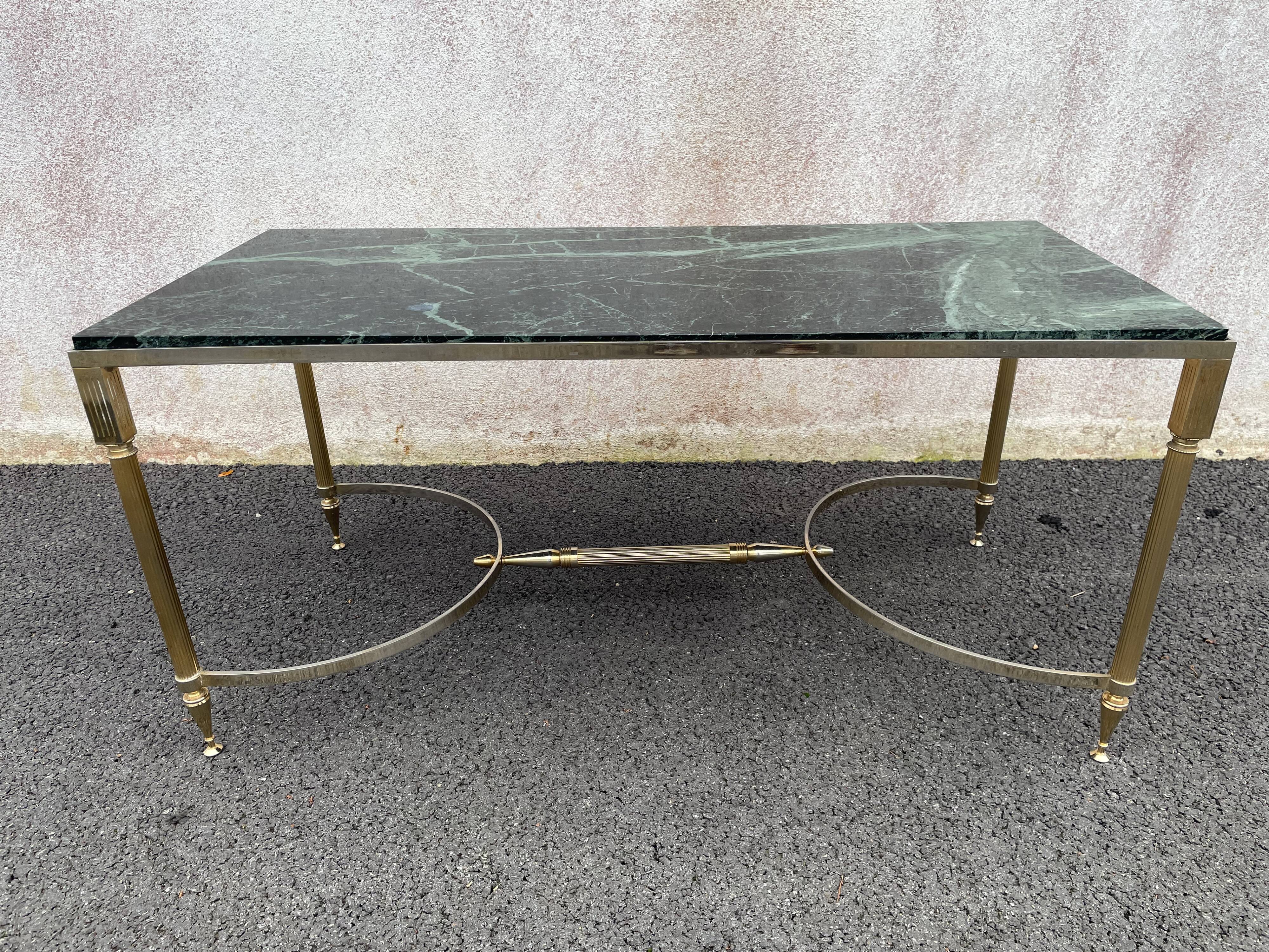 Coffee table in gilded brass and veined green marble