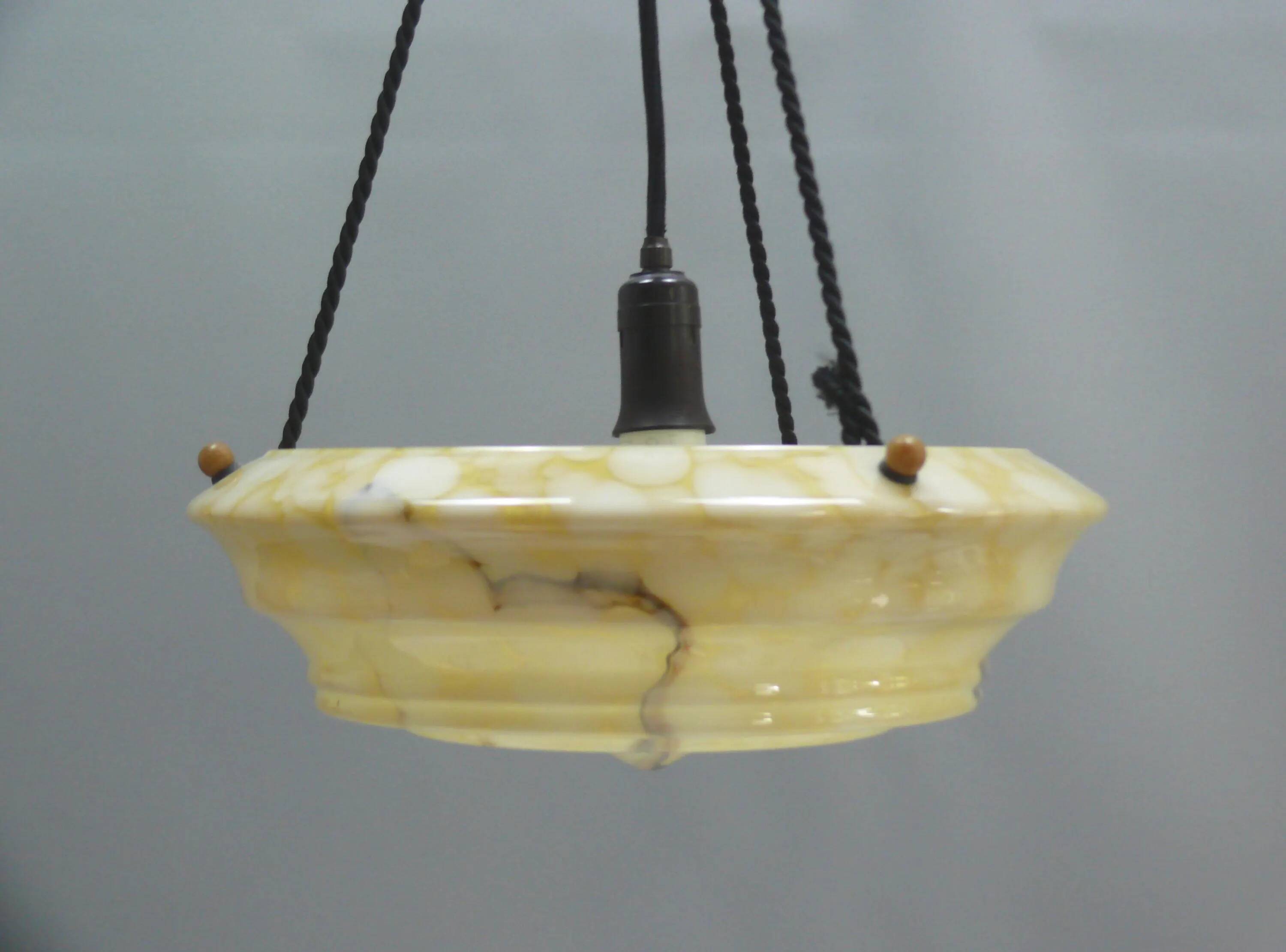 Large Art Deco Glass Pendant Light, Marbled with Rope Suspension, 1920s - 1930s