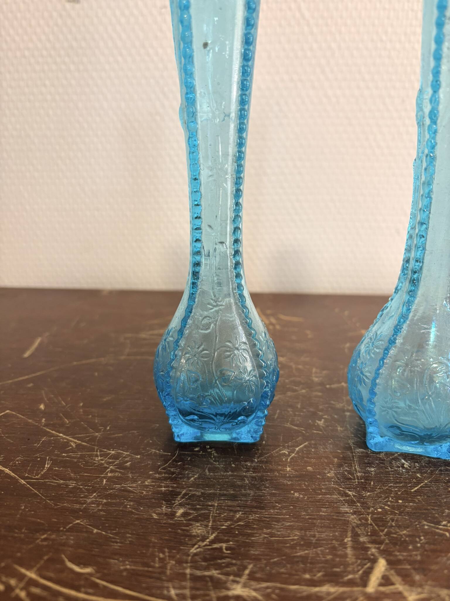 Antique Pair of Soliflore Vases, Pressed Moulded Glass, Blue Opaline Sapphire, 19th Century