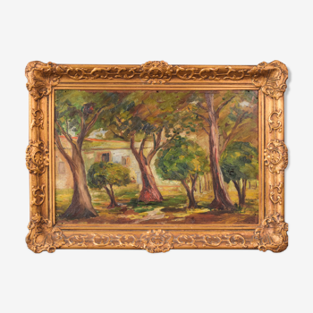 Post Impressionist Oil of Trees and Building