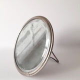 Adjustable Beveled Round Mirror in Metal Frame for Table or Wall