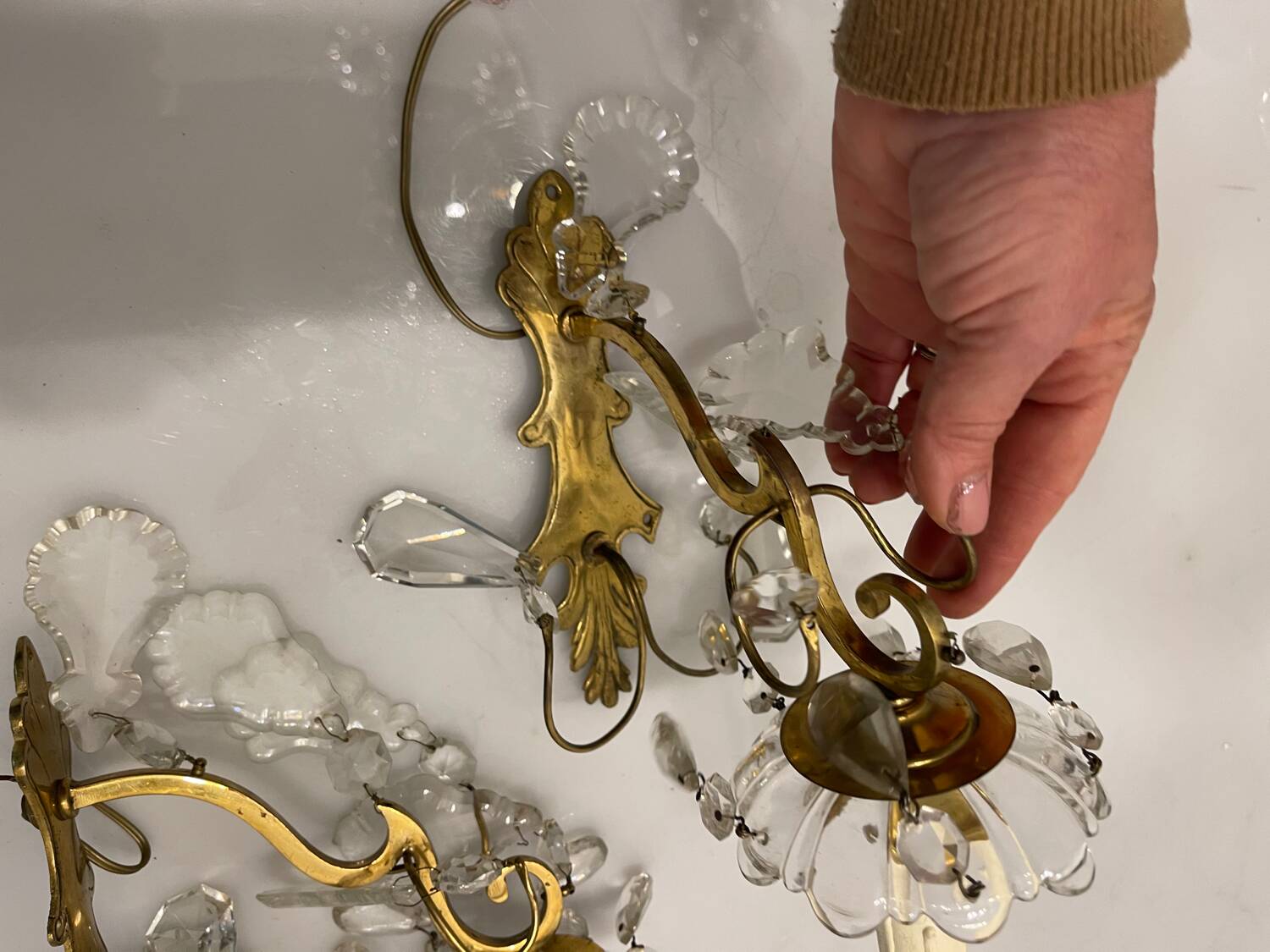 Brass Crystal Sconces Set of 2 1950’s