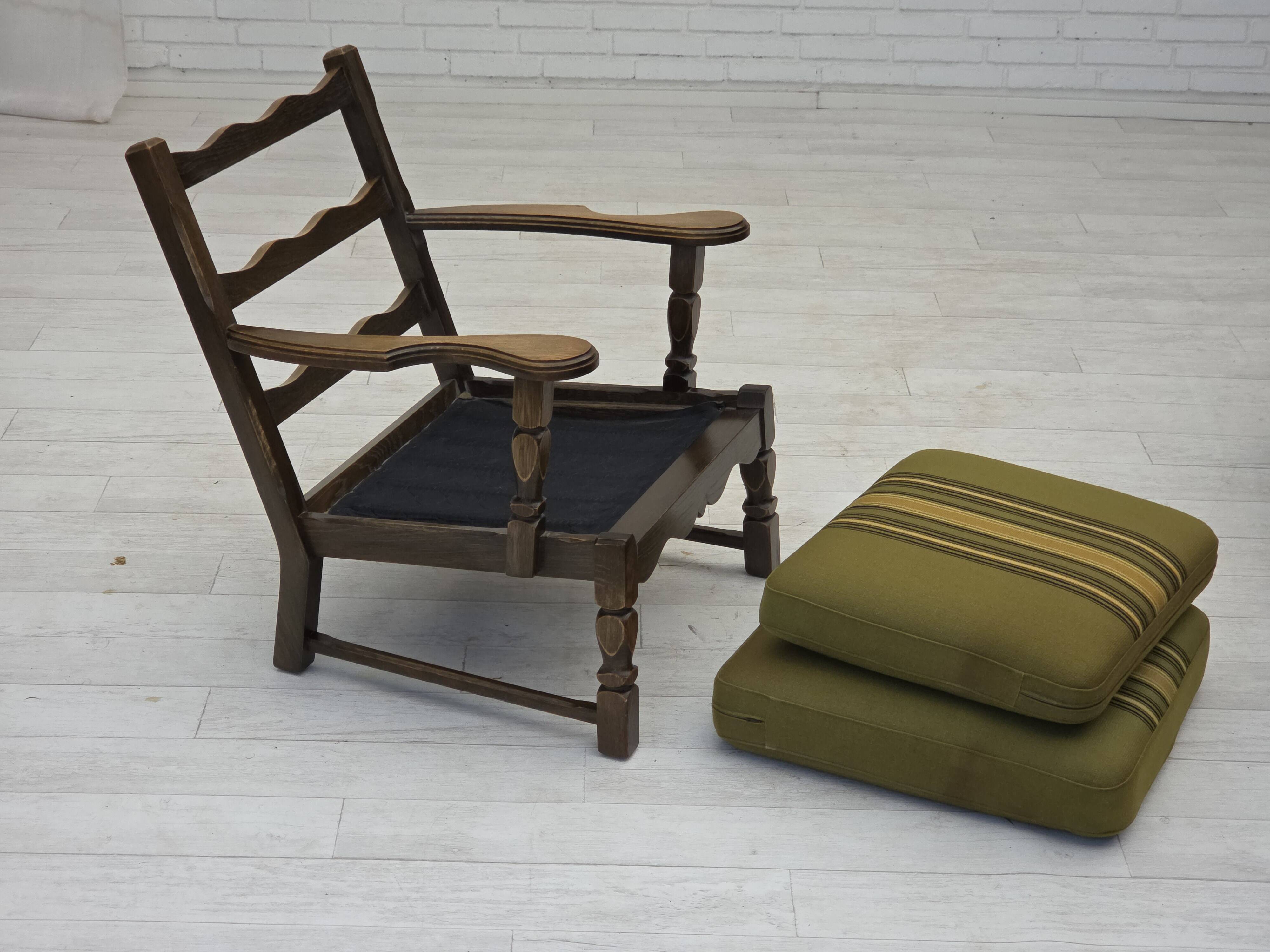1970s, pair of Danish armchairs, original green furniture wool, oak wood.