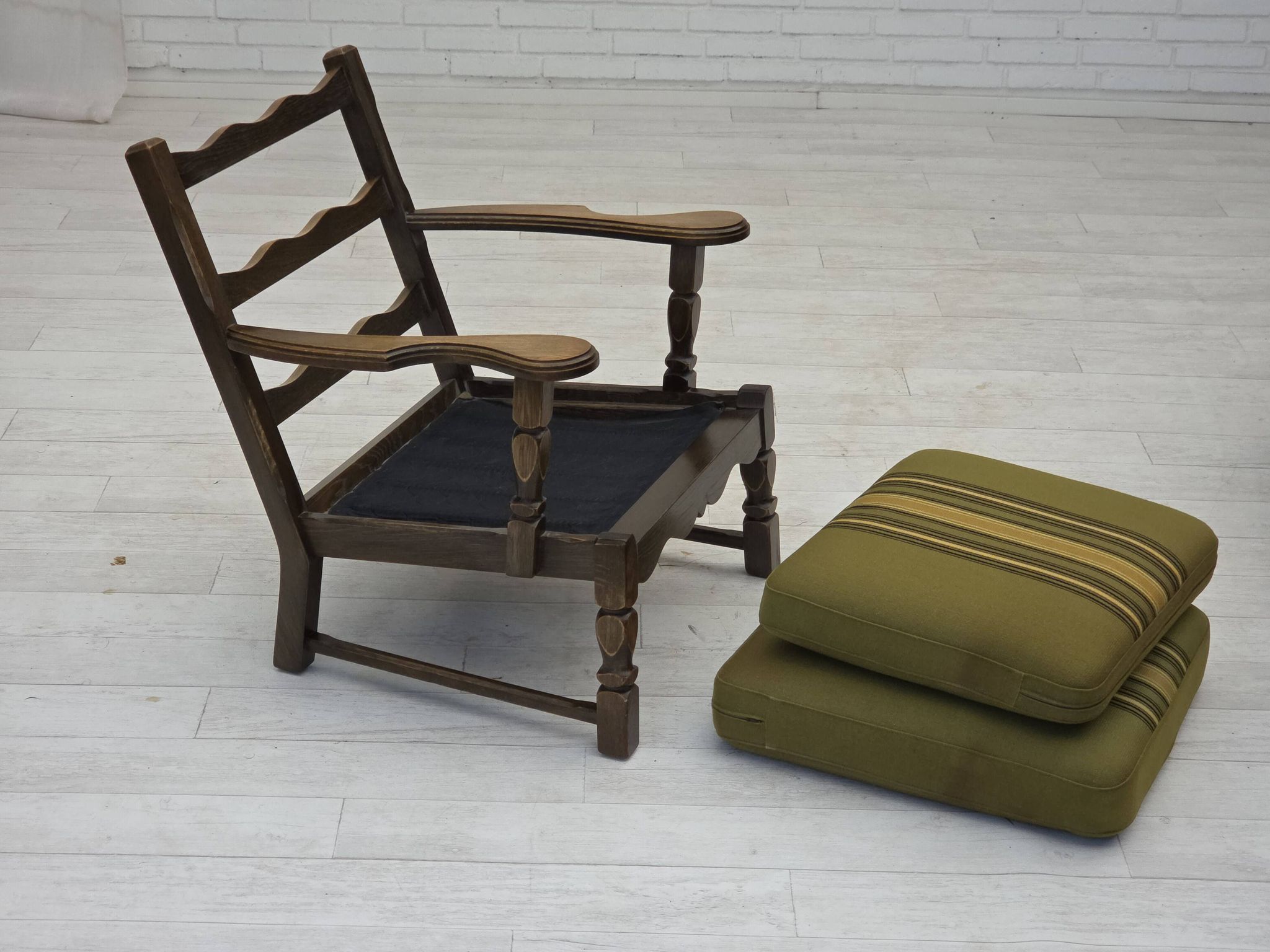 1970s, pair of Danish armchairs, original green furniture wool, oak wood.