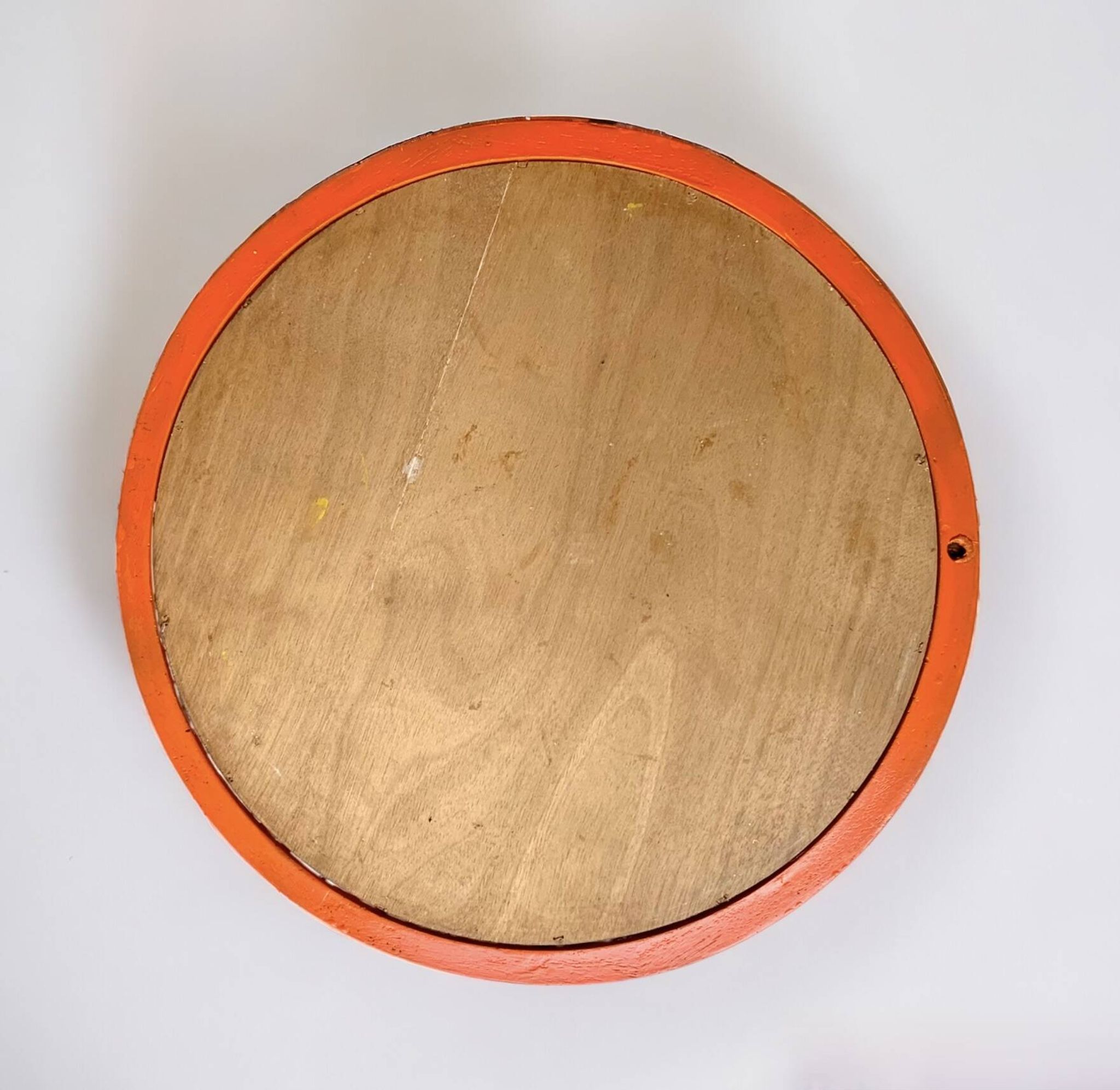 Vintage round wall mirror in orange painted wood - diameter: 48 cm