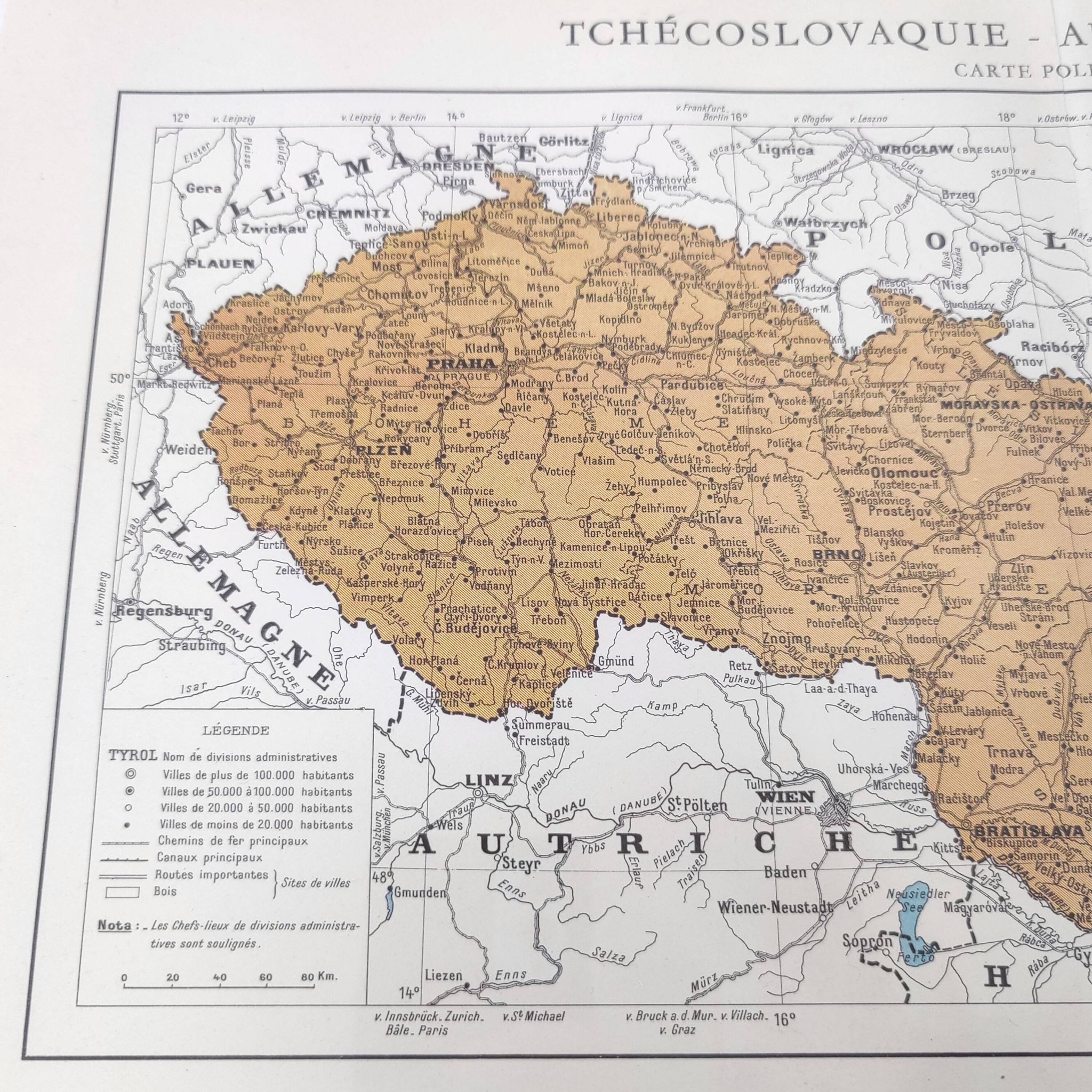 Old map of Austria, Czechoslovakia, Hungary 43x43cm from 1950