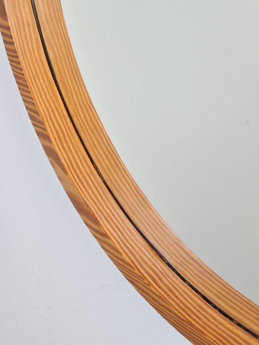 Large Mid-Century Round Pine Mirror, Denmark, 1960s