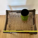 Side Table Bamboo Rattan Smoked Glass 1970s, Table Basse Rotin Verre Fumé