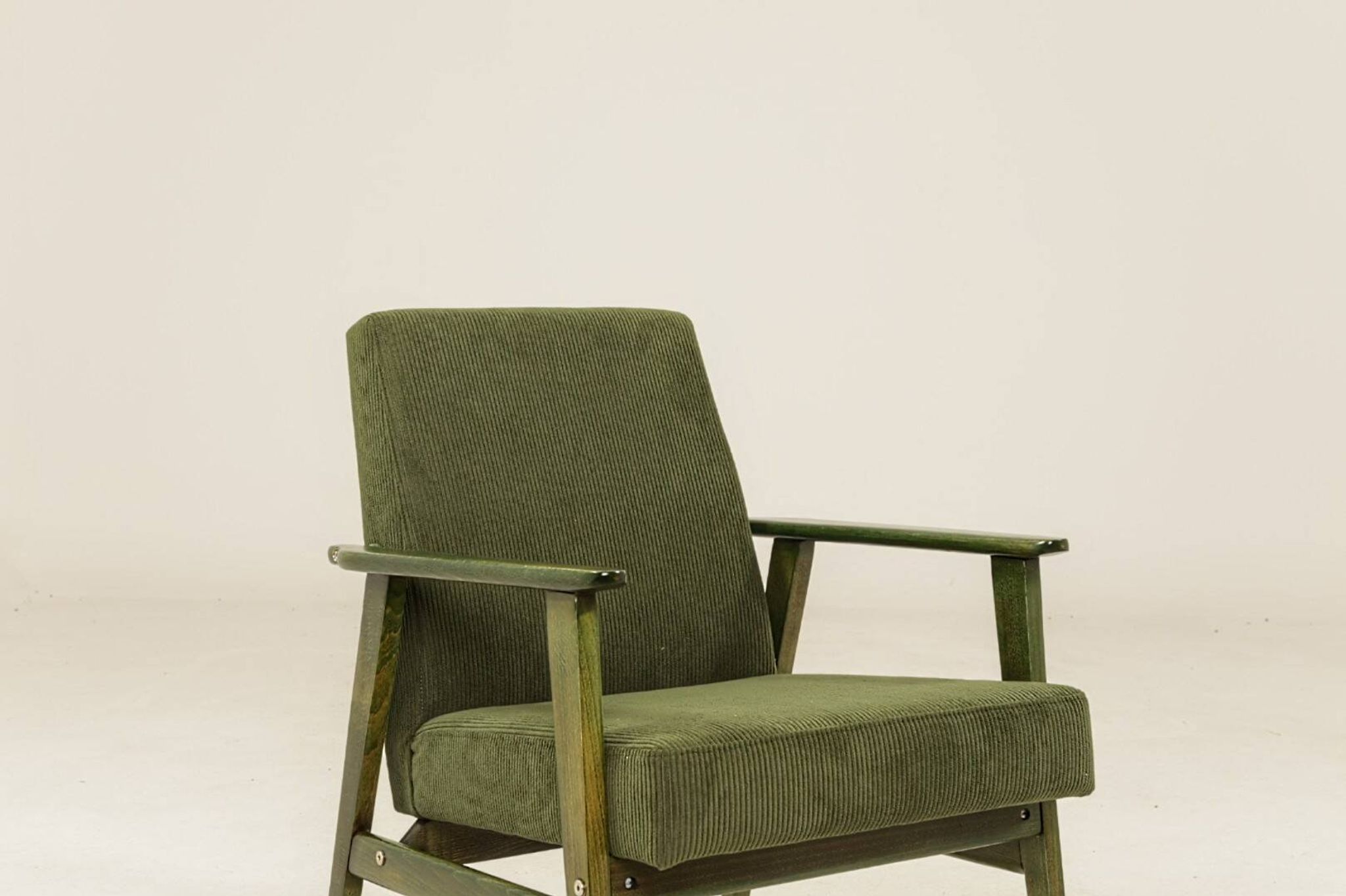 Lounge Chair Vintage Olive Green Corduroy ,Green Wood