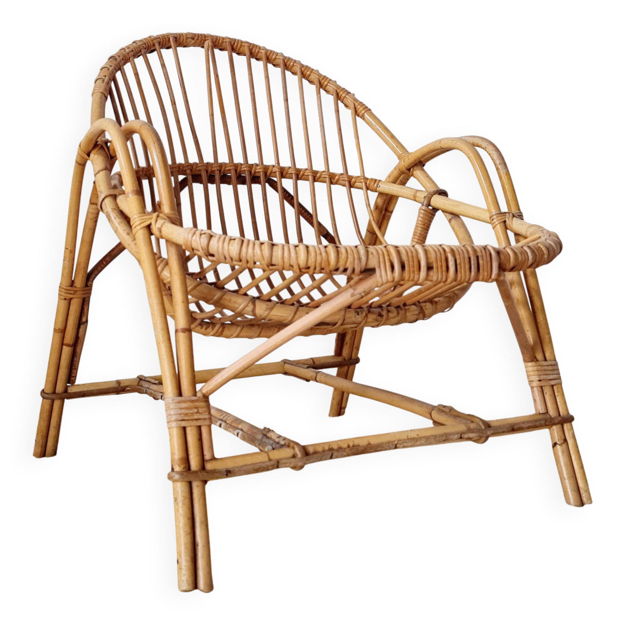 Vintage adult rattan armchair from the 1960s.