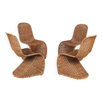 Four chairs, wickerwork on tubular steel, Panton, vintage, Germany, anonymous