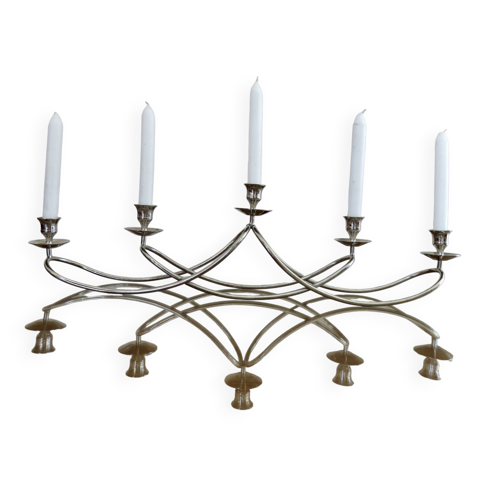 XXL silver metal candle holder 5 lights 70s