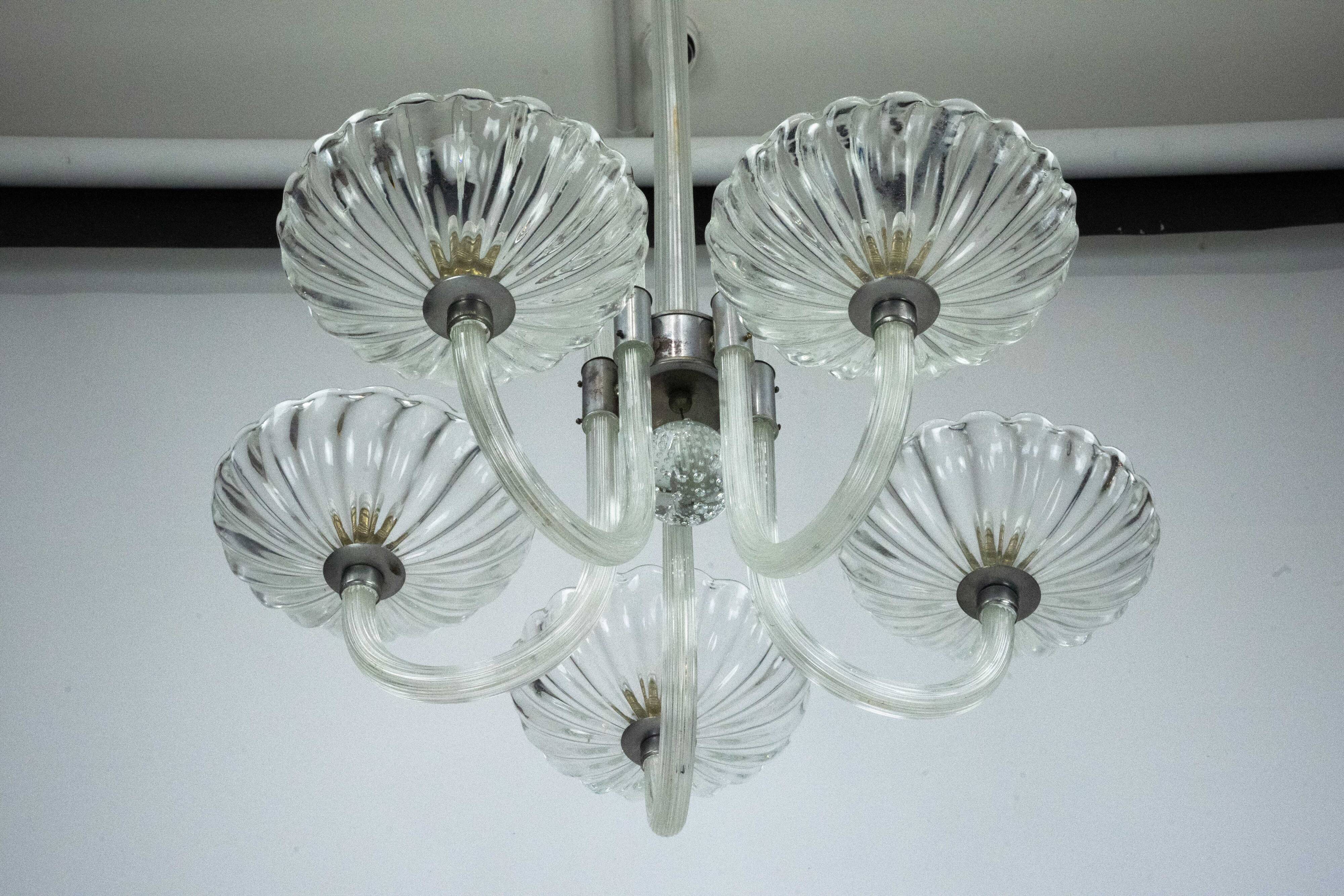Rare Art Deco Italian Five-Arm Murano Glass Chandelier attributed to Seguso