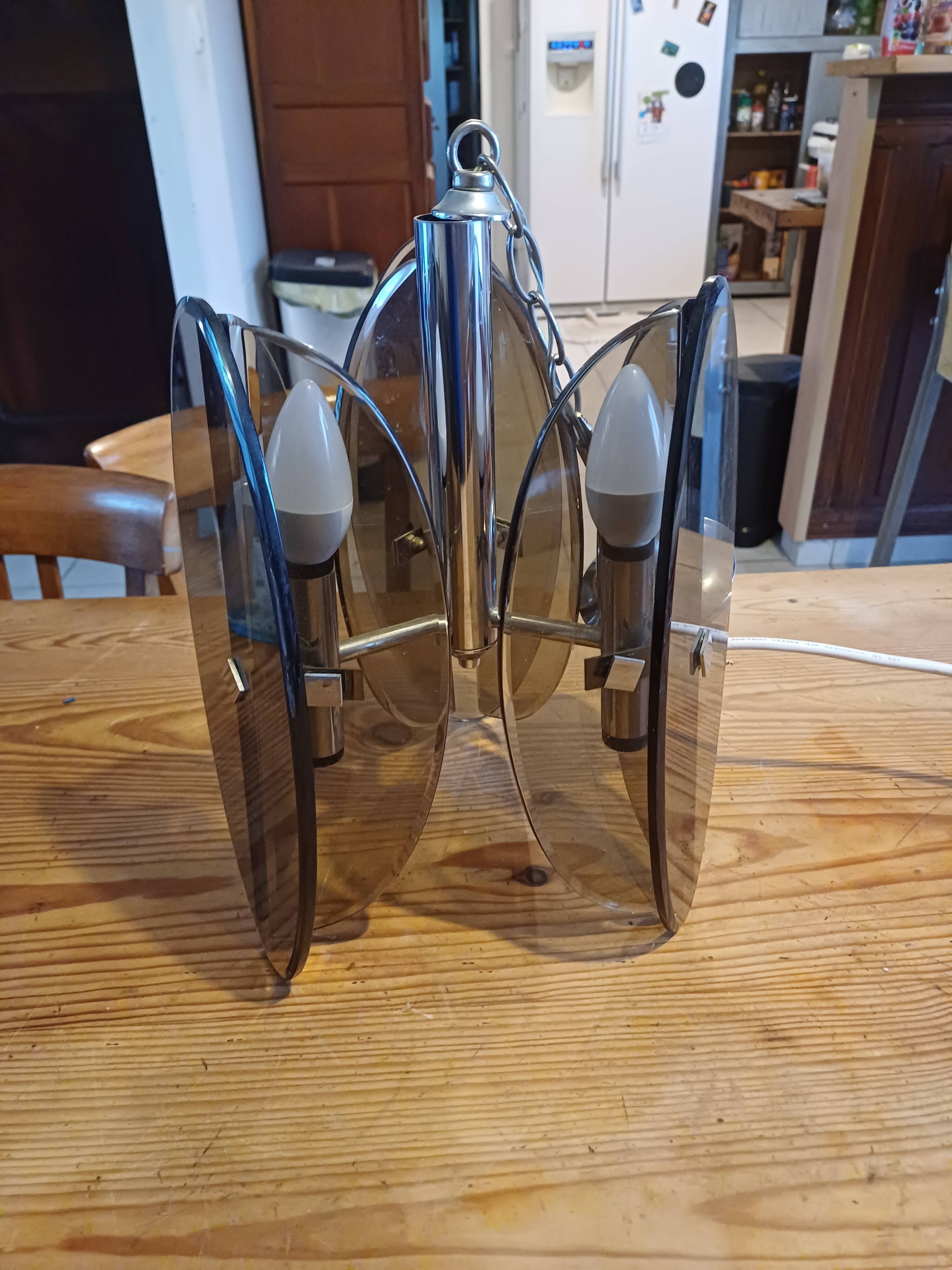 Vintage Chandelier Veca, Chrome and Smoked Glass