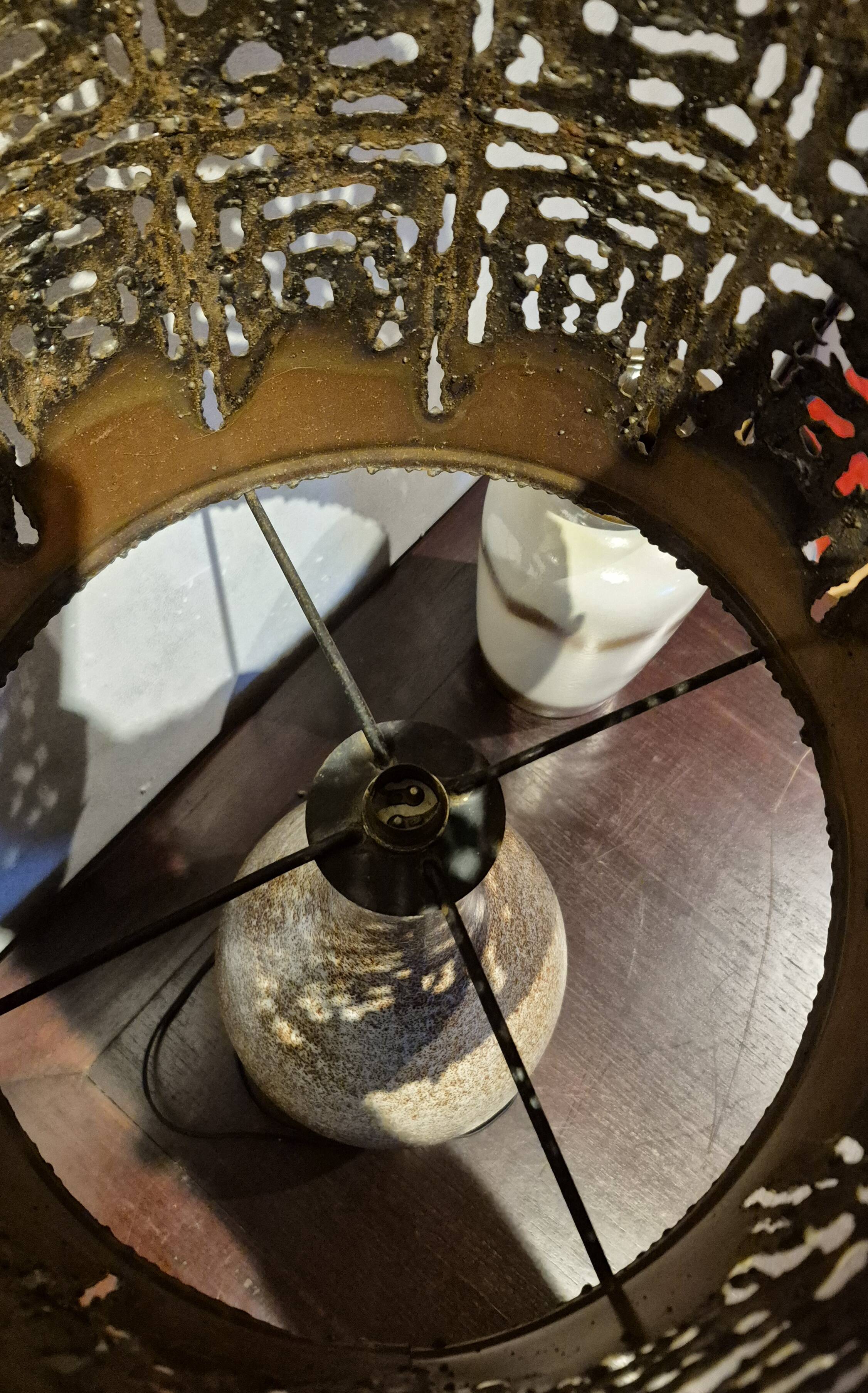 Large vintage Accolay lamp with flamed ceramic and metal shade.