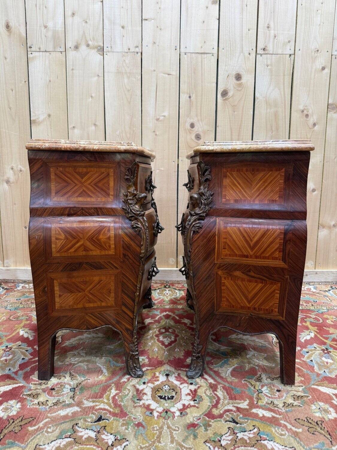 Pair of small bombe chests – Louis XV style – Marquetry & Marble –