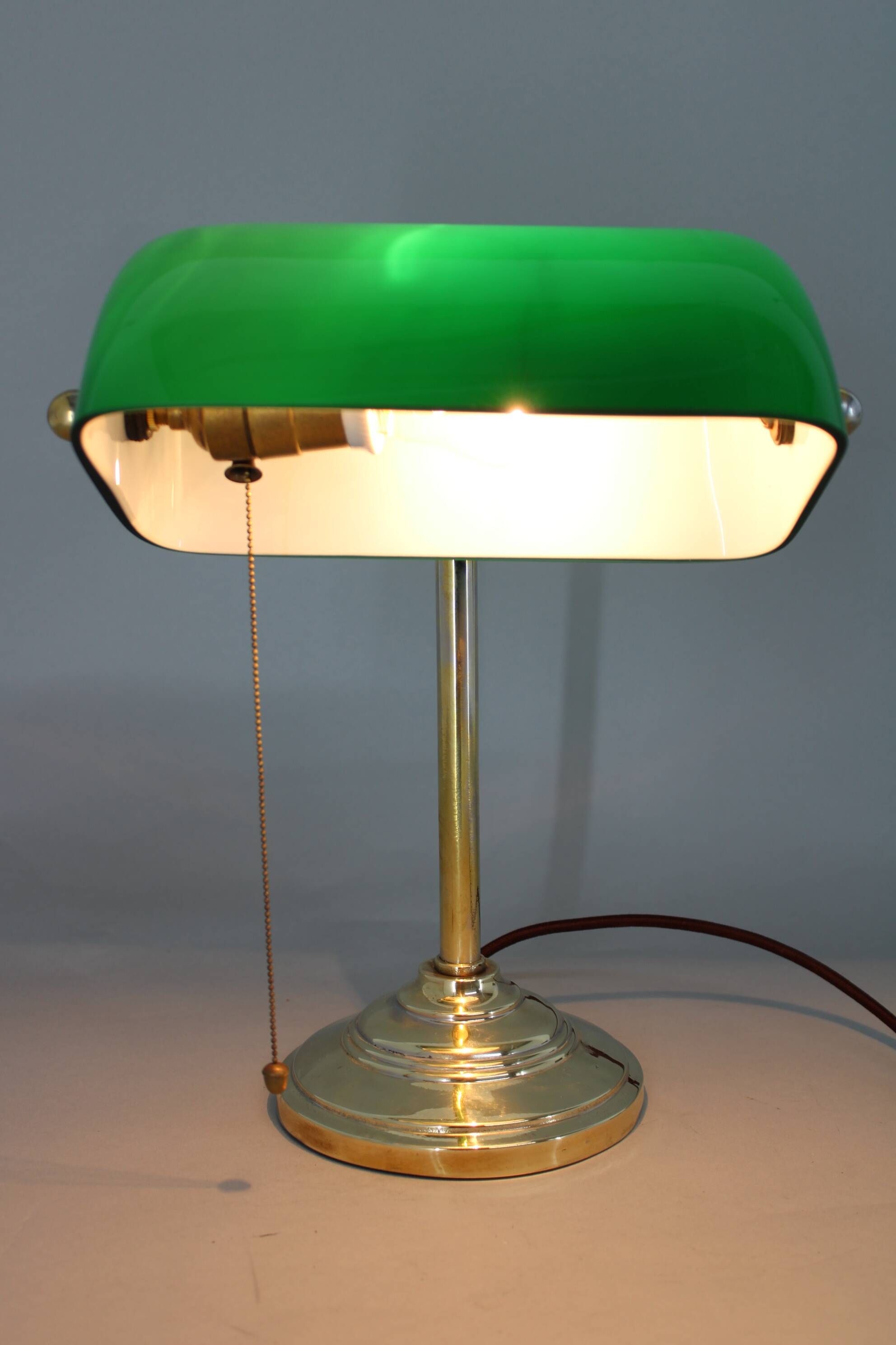 1930s Art Deco Brass  Banker Table Lamp with Glass Shade, Czechoslovakia