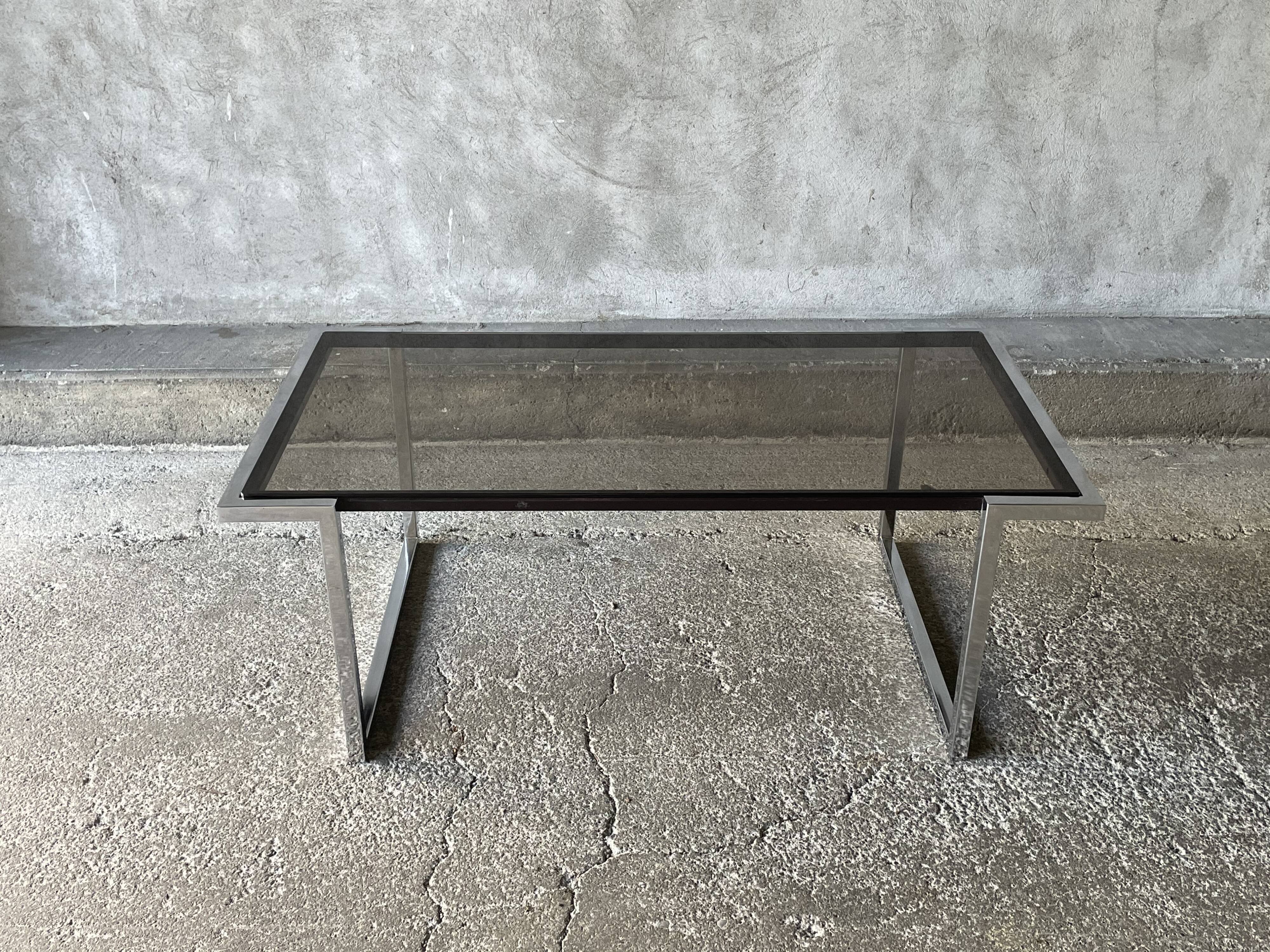 Coffee table in chromed metal and smoked glass, 1970s