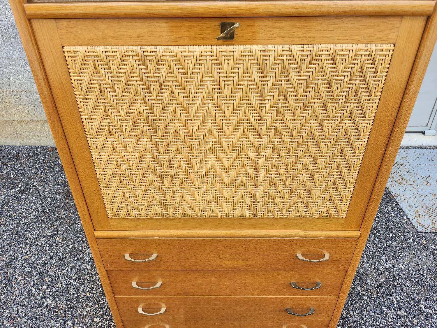 Old vintage rattan oak secretary desk bookcase