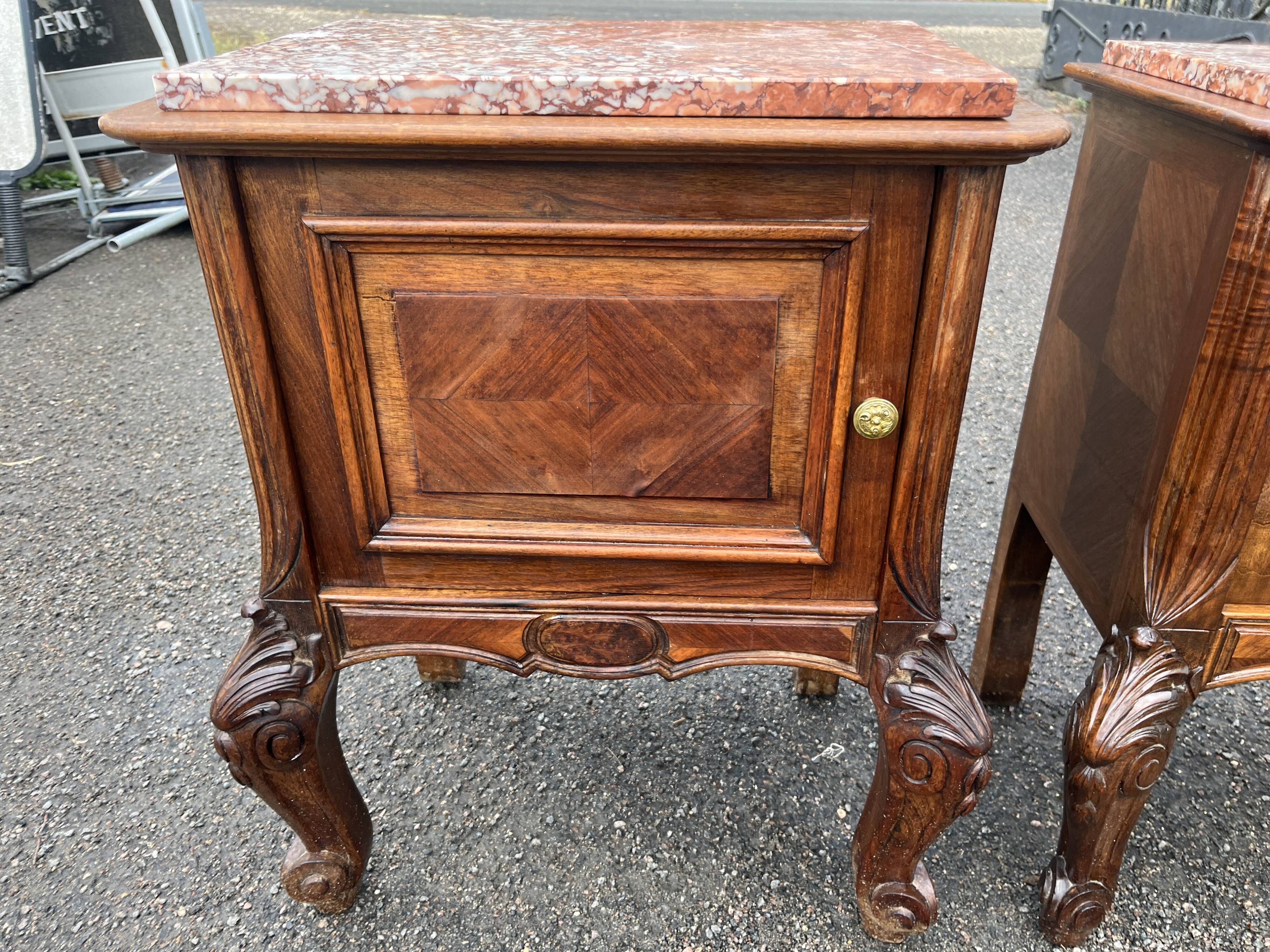 Pair of Louis XV style bedside tables with marquetry veneer, marble top, f