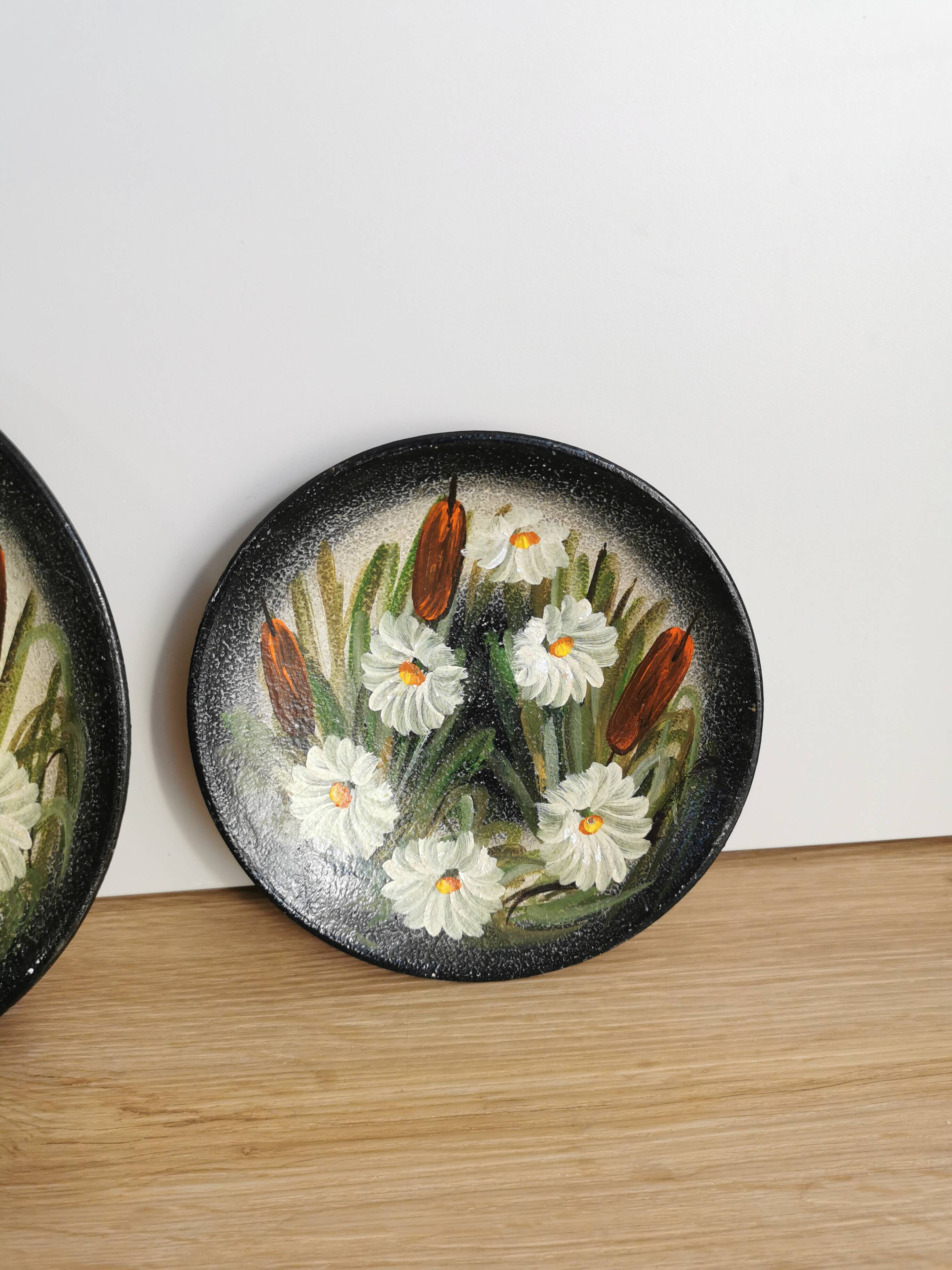 Vintage Hand-Painted Clay Plates: 1970s Yugoslavian Floral Wall Decor
