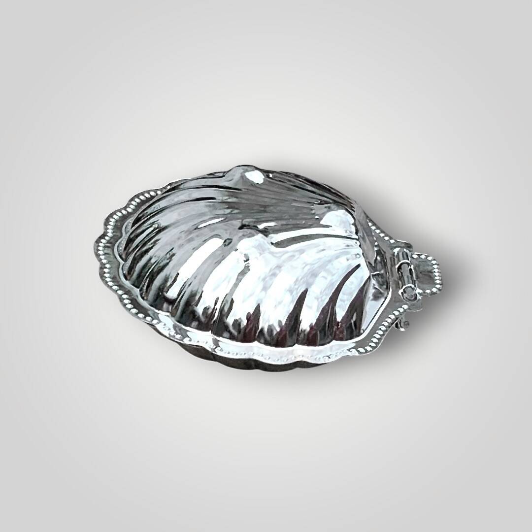 Vintage shell butter dish in stainless steel and cobalt blue glass