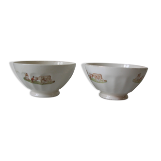 Lot de 2 anciens bols pied douche décor vache