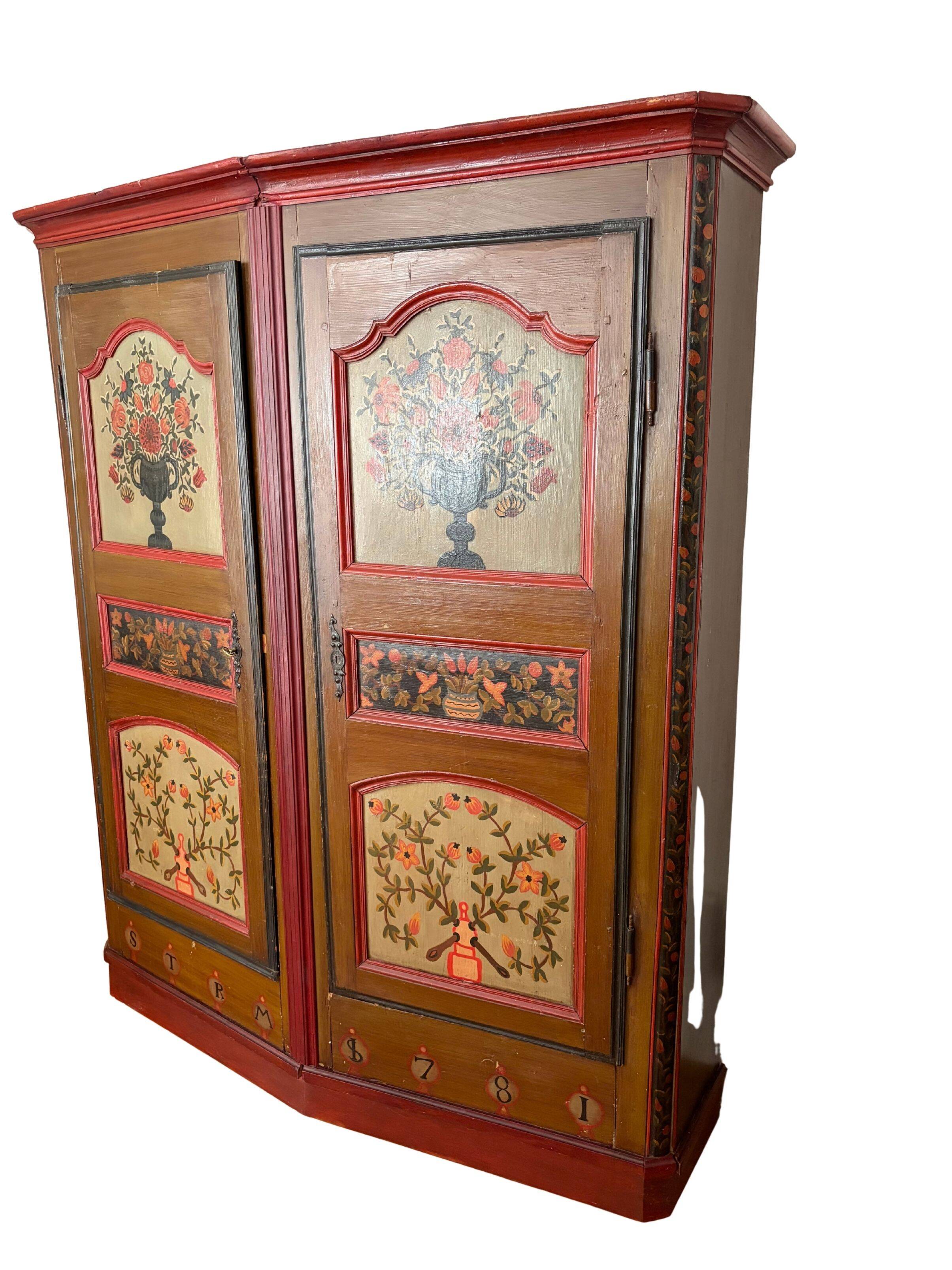 Antique Swiss wardrobe hand-painted – Alpine folk art – dated 1781