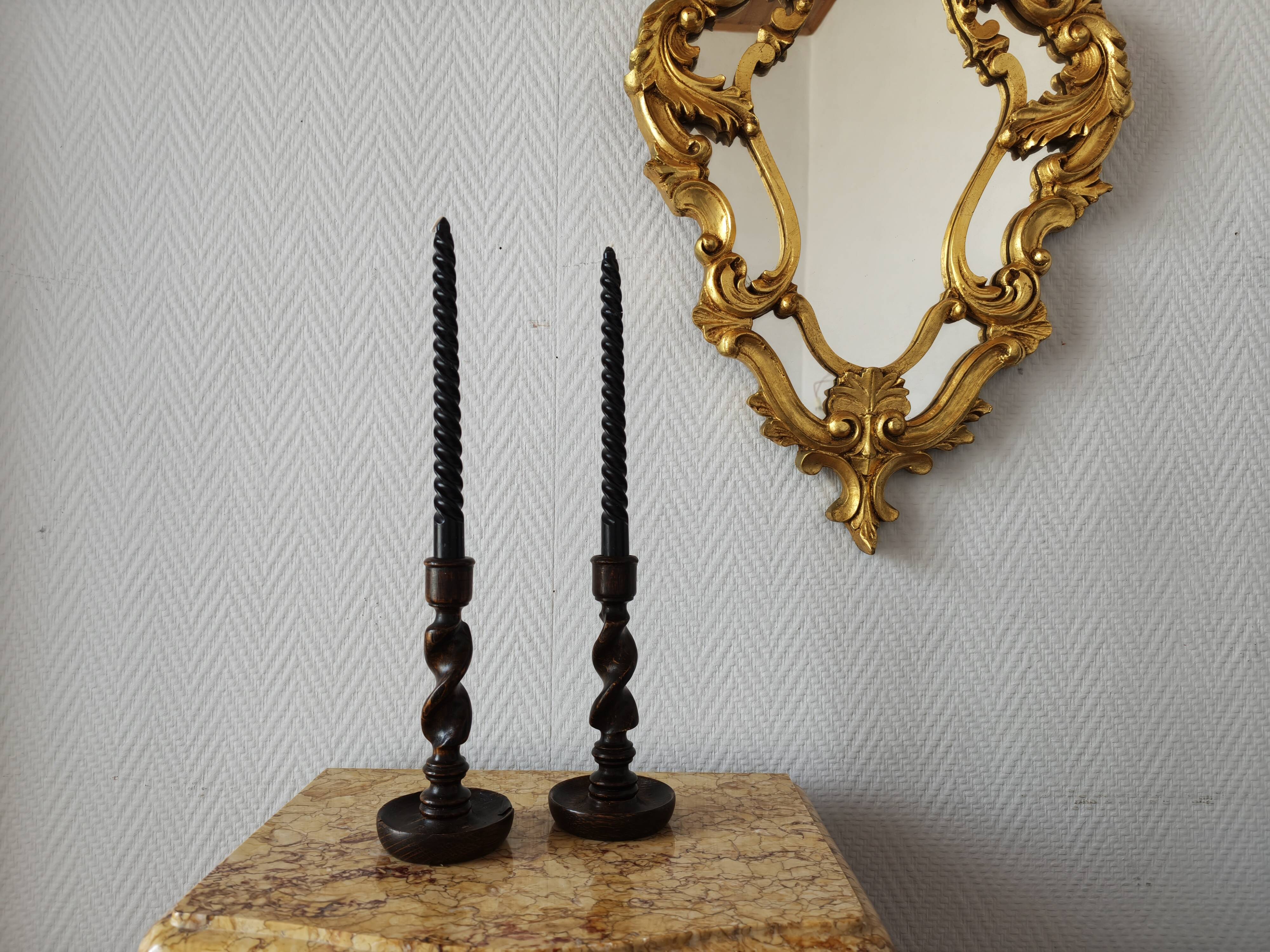 Pair of twisted wood candlesticks (Barley twist)